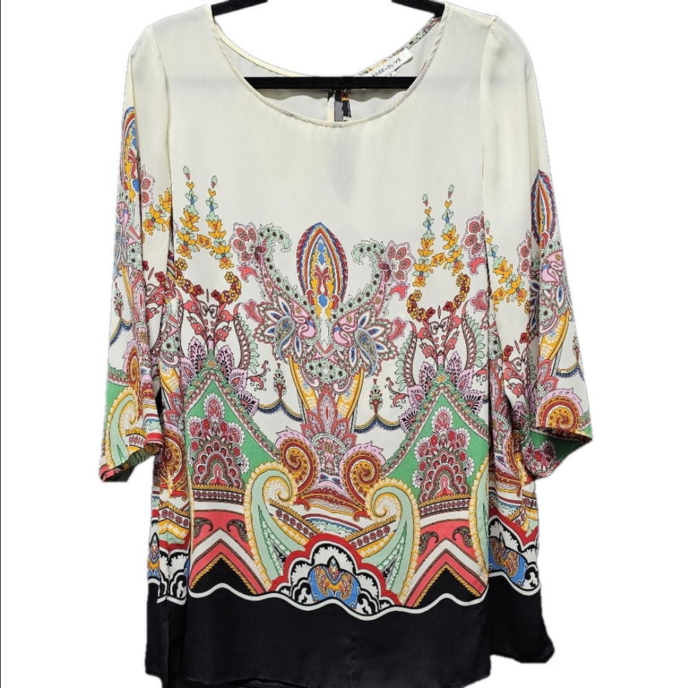 Rose & Olive Black Cream Colorful Blouse 3/4 Length Sleeves Size 1X Very Pretty